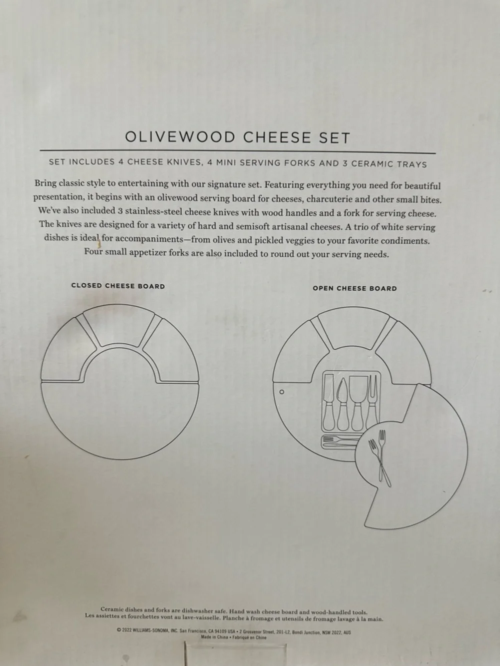 Williams Sonoma Olivewood Cheese Board with White Ceramic Dishes